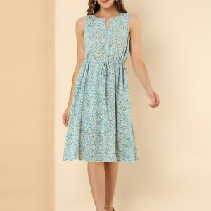 Floral Drawstring Waist Sleeveless A-Line Midi Dress Sundress Light Blue/XS - Allegra K catalog