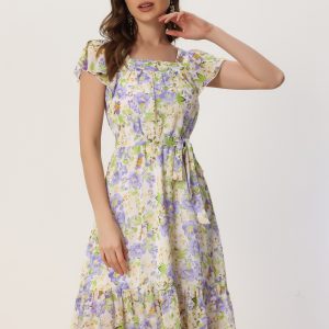Floral Chiffon Flutter Sleeve Belted Square Neck Ruffled Hem Dress Light Purple/L - Allegra K catalog