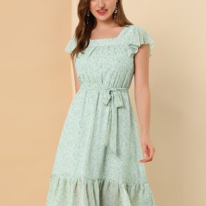 Floral Chiffon Flutter Sleeve Belted Square Neck Ruffled Hem Dress Light Blue/XS - Allegra K catalog