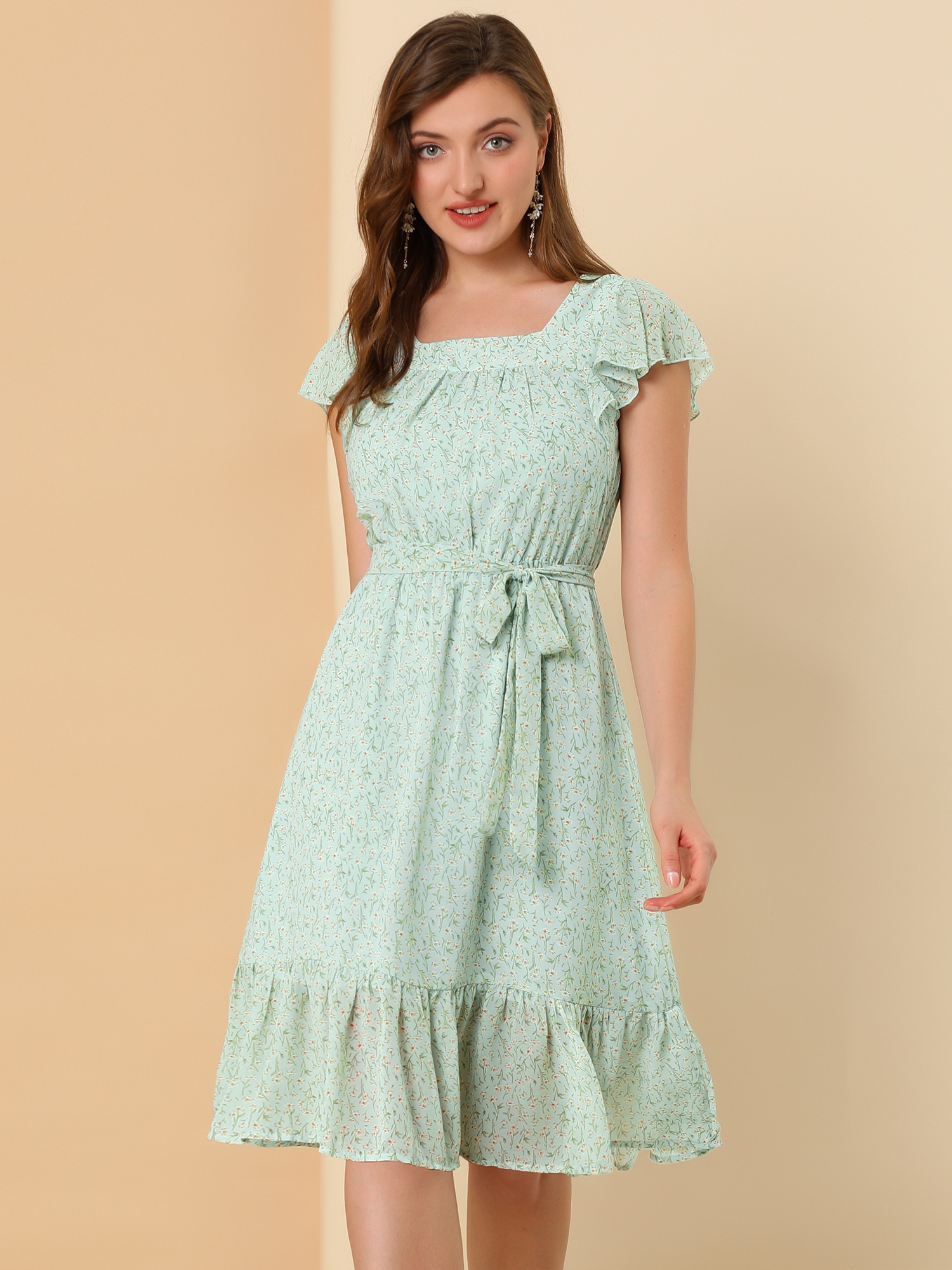 Floral Chiffon Flutter Sleeve Belted Square Neck Ruffled Hem Dress Light Blue/XL - Allegra K catalog