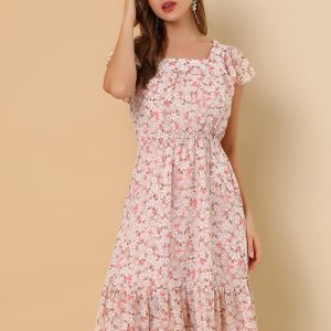 Floral Chiffon Flutter Sleeve Belted Square Neck Ruffled Hem Dress Pink White/L - Allegra K catalog
