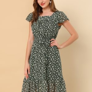 Floral Chiffon Flutter Sleeve Belted Square Neck Ruffled Hem Dress Black/XL - Allegra K catalog
