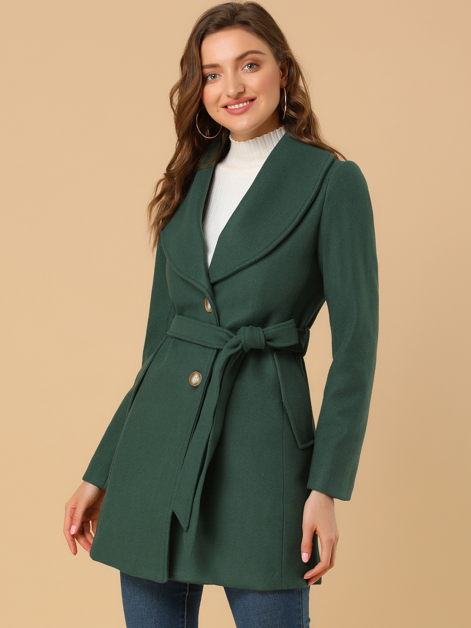 Shawl Collar Single Breasted Winter Long Belted Coat Green/L - Allegra K catalog