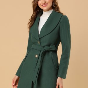 Shawl Collar Single Breasted Winter Long Belted Coat Green/XL - Allegra K catalog