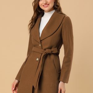 Shawl Collar Single Breasted Winter Long Belted Coat Brown/XS - Allegra K catalog