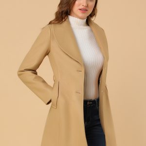Shawl Collar Single Breasted Winter Long Belted Coat Khaki/XS - Allegra K catalog