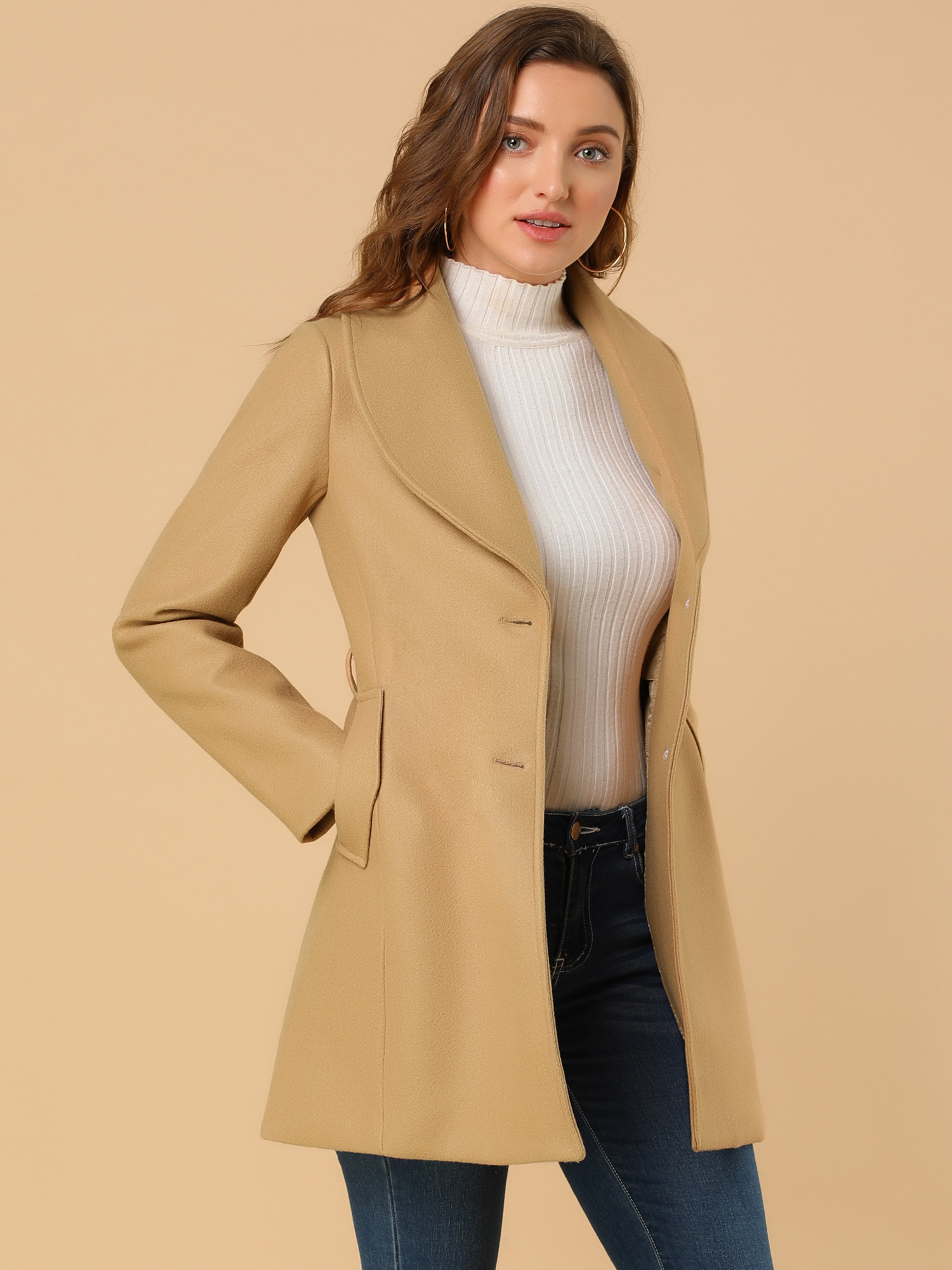 Shawl Collar Single Breasted Winter Long Belted Coat Khaki/XS - Allegra K catalog