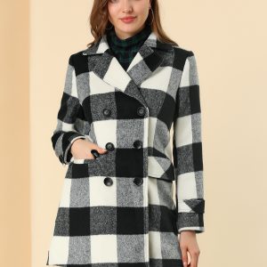 Buffalo Checks Double Breasted Notched Lapel Plaid Trench Pea Coat Black White/S - Allegra K catalog