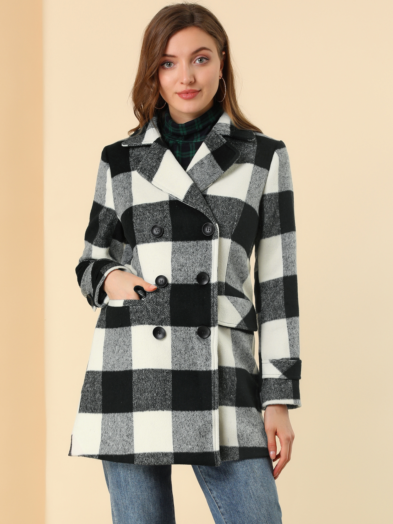 Buffalo Checks Double Breasted Notched Lapel Plaid Trench Pea Coat Black White/S - Allegra K catalog
