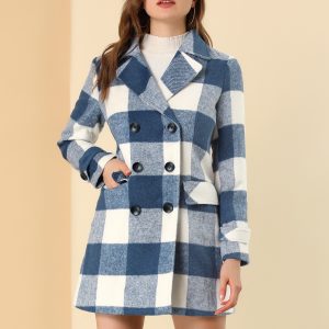 Buffalo Checks Double Breasted Notched Lapel Plaid Trench Pea Coat Blue White/XS - Allegra K catalog
