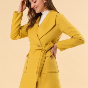 Shawl Collar Lapel Double Breasted Winter Belted Coat with Pockets Yellow/L - Allegra K catalog