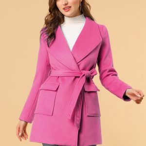 Shawl Collar Lapel Double Breasted Winter Belted Coat with Pockets Fuchsia/S - Allegra K catalog