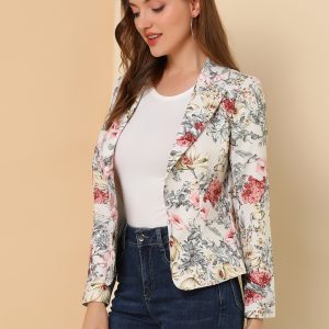 Open Front Notch Lapel Floral Business Casual Suit Blazer Beige-Floral/M - Allegra K catalog