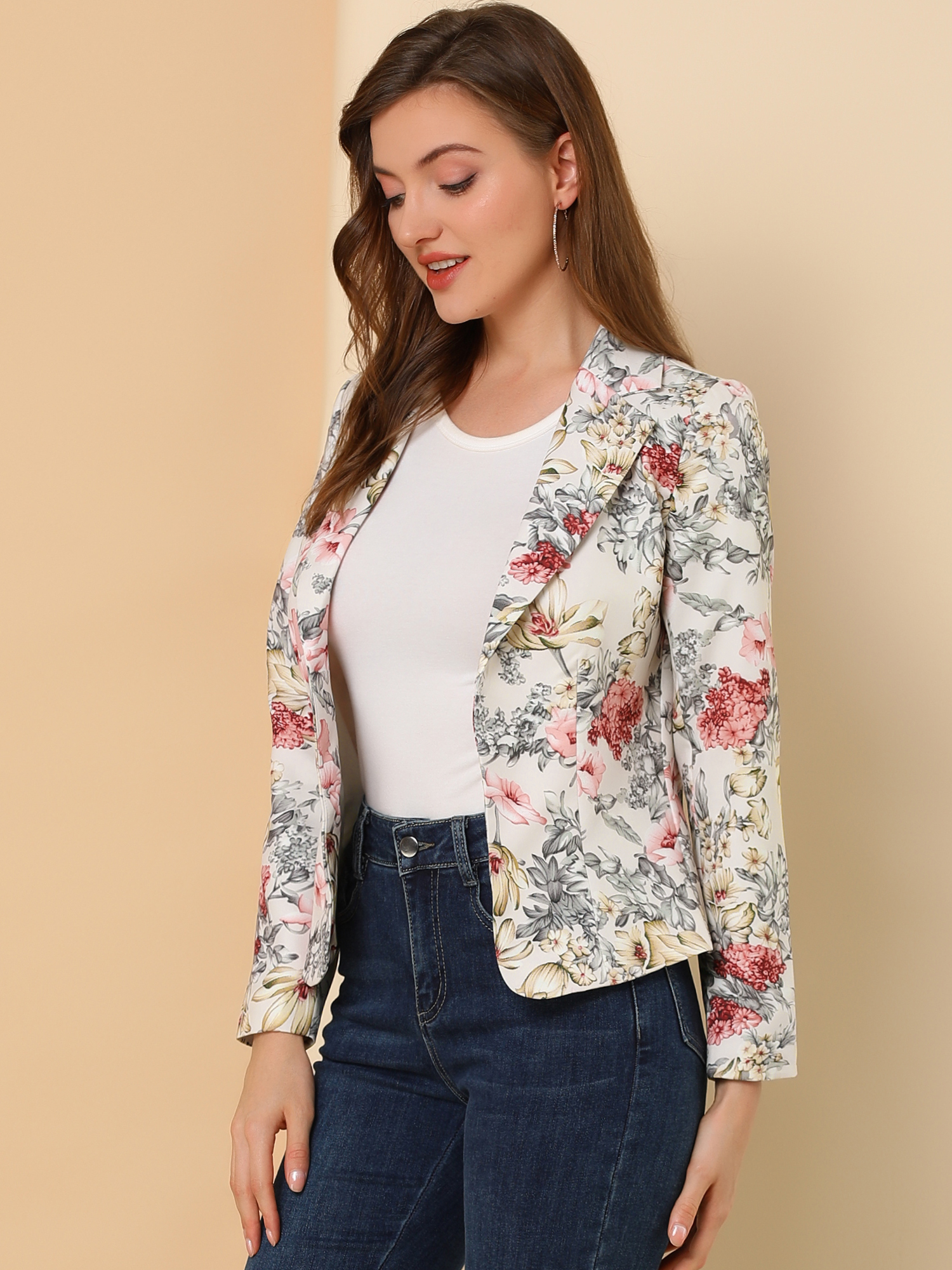 Open Front Notch Lapel Floral Business Casual Suit Blazer Beige-Floral/M - Allegra K catalog