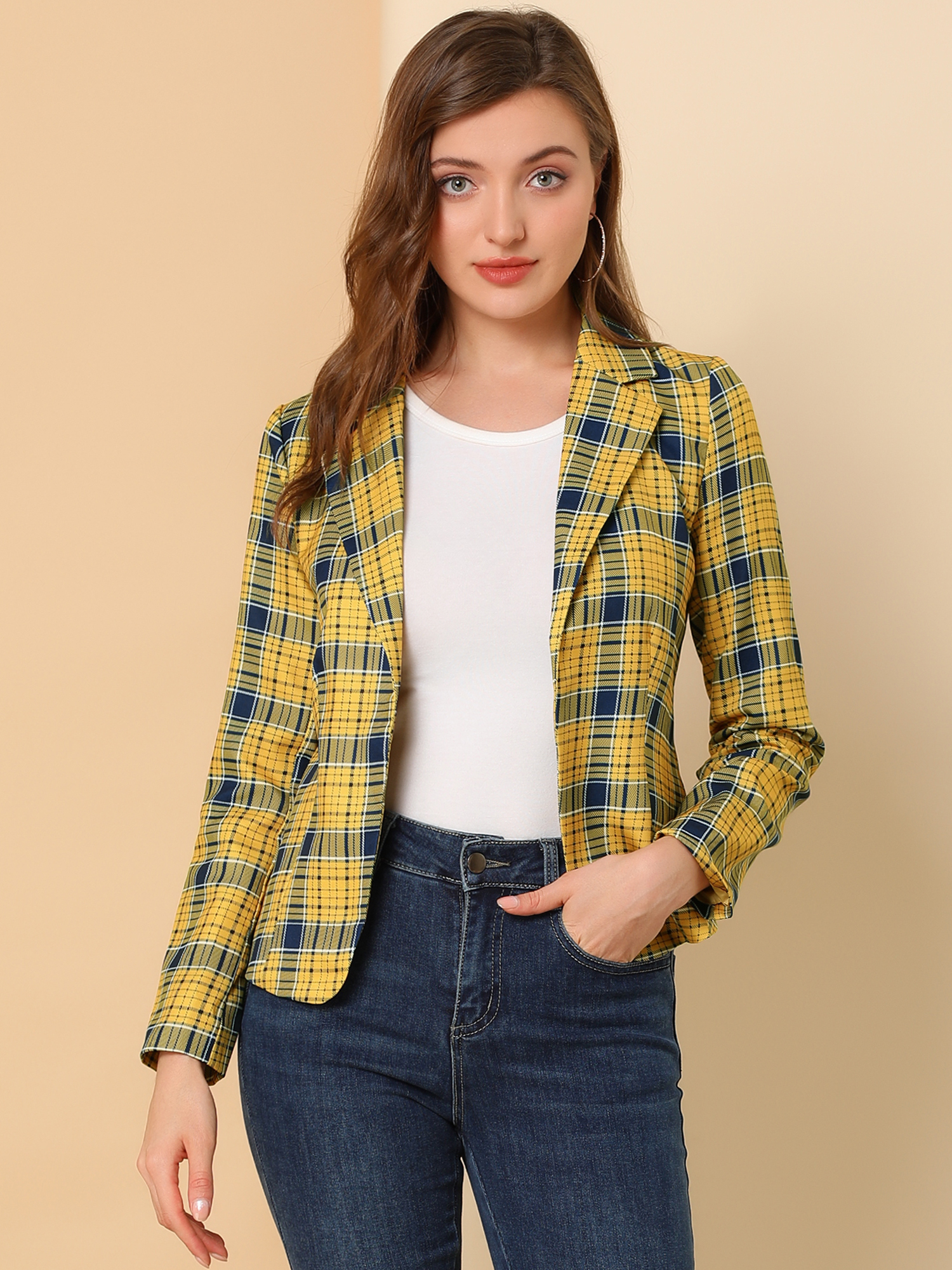 Business Casual Open Front Notch Lapel Plaid Suit Blazer Yellow-Plaid/S - Allegra K catalog