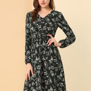 Floral Print V-Neck Long Sleeve Smocked Waist Midi Dress Black/M - Allegra K catalog