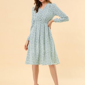 Floral Print V-Neck Long Sleeve Smocked Waist Midi Dress White-Blue Floral/S - Allegra K catalog