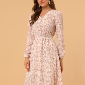 Floral Print V-Neck Long Sleeve Smocked Waist Midi Dress White-Red Floral/S - Allegra K catalog