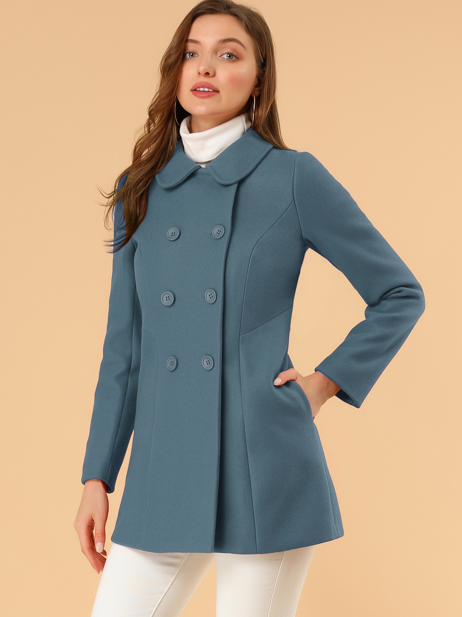 Peter Pan Collar Double Breasted Winter Long Trench Pea Coat Grey Blue/S - Allegra K catalog