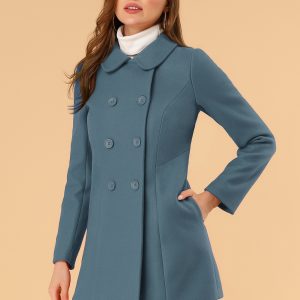 Peter Pan Collar Double Breasted Winter Long Trench Pea Coat Grey Blue/M - Allegra K catalog