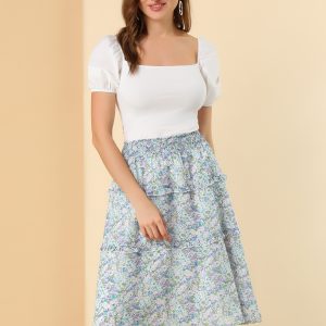 Floral Smocked Elastic Waist Knee Length Ruffle Tiered Skirt Blue Purple/M - Allegra K catalog