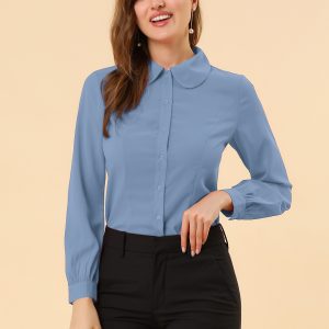 Button Up Peter Pan Collar Long Bishop Sleeve Blouse Top Dusty Blue/M - Allegra K catalog