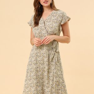 Ditsy Floral V Neck Ruffle Flutter Sleeve Midi Wrap Dress Khaki/XS - Allegra K catalog
