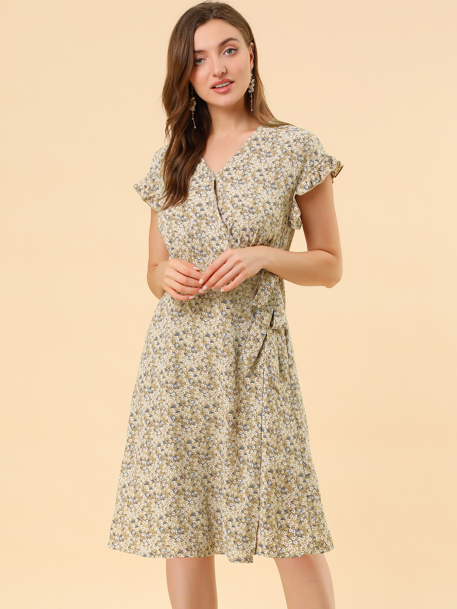 Ditsy Floral V Neck Ruffle Flutter Sleeve Midi Wrap Dress Khaki/XS - Allegra K catalog