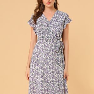 Ditsy Floral V Neck Ruffle Flutter Sleeve Midi Wrap Dress Beige-Purple Floral/L - Allegra K catalog