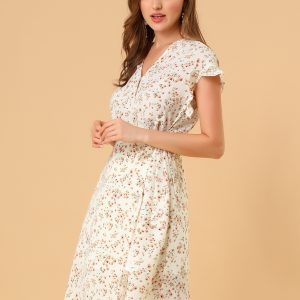 Ditsy Floral V Neck Ruffle Flutter Sleeve Midi Wrap Dress Beige-Apricot Floral/S - Allegra K catalog