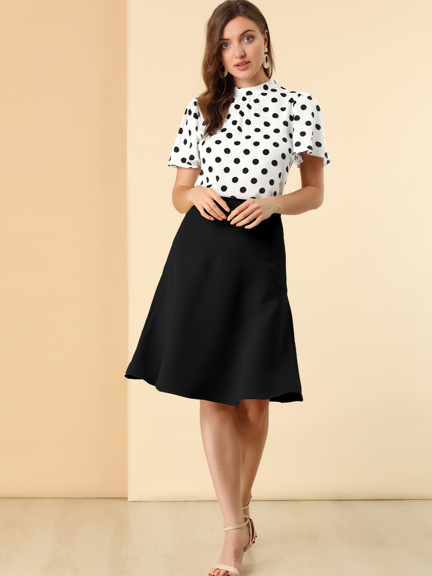 Polka Dots Stand Collar Pleat Keyhole Short Flare Sleeve Blouse White Black/M - Allegra K catalog