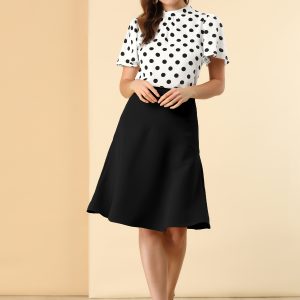 Polka Dots Stand Collar Pleat Keyhole Short Flare Sleeve Blouse White Black/XL - Allegra K catalog