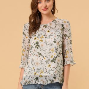 Casual Ruffle 3/4 Sleeve Floral Print Chiffon Blouse Beige/M - Allegra K catalog