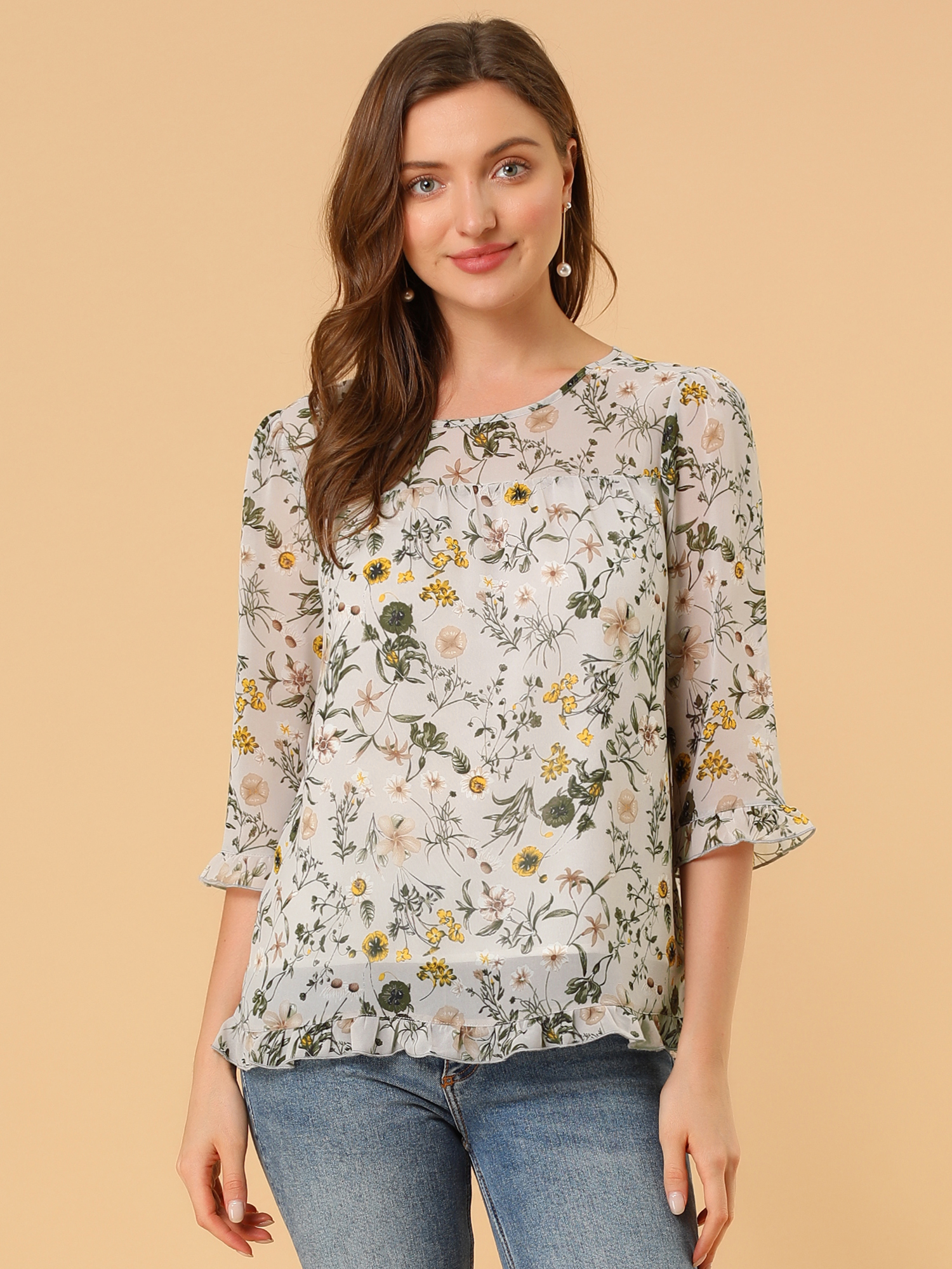 Casual Ruffle 3/4 Sleeve Floral Print Chiffon Blouse Beige/XL - Allegra K catalog