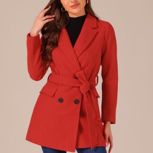 Notch Lapel Double Breasted Belted Mid Long Outwear Winter Coat Red/XS - Allegra K catalog