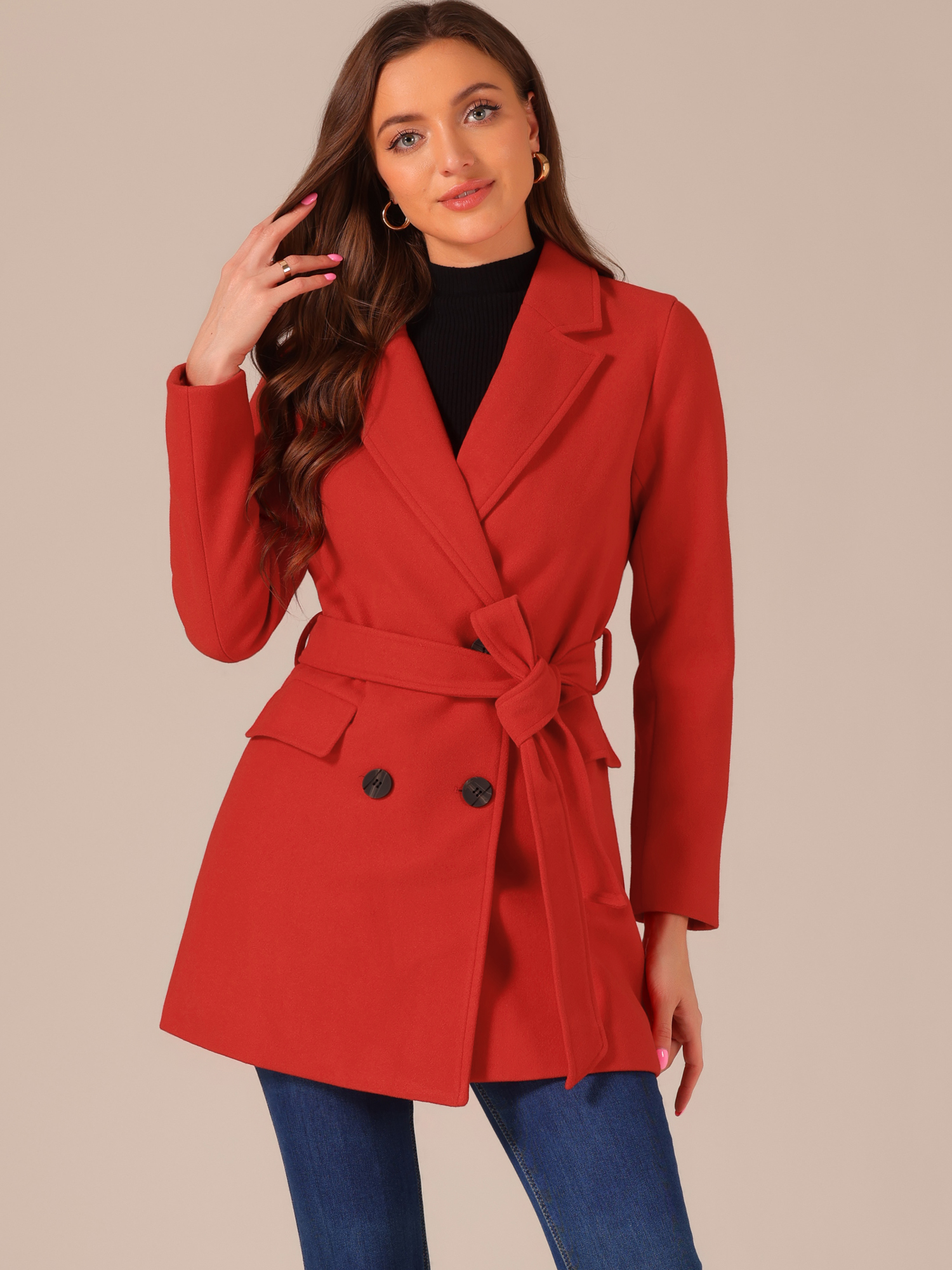 Notch Lapel Double Breasted Belted Mid Long Outwear Winter Coat Red/S - Allegra K catalog