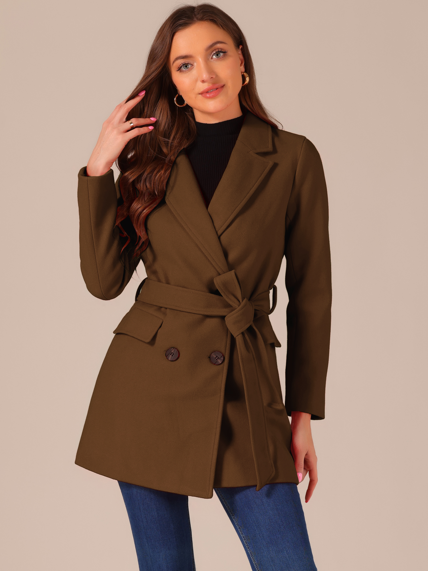 Notch Lapel Double Breasted Belted Mid Long Outwear Winter Coat Deep Brown/S - Allegra K catalog