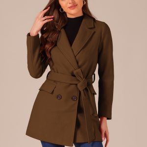 Notch Lapel Double Breasted Belted Mid Long Outwear Winter Coat Deep Brown/XL - Allegra K catalog