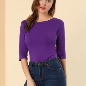 Casual Boat Neck 3/4 Sleeve Solid Basic T-shirt Deep Purple/XL - Allegra K catalog