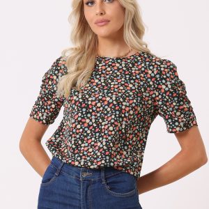 Floral Crew Neck Ruched Sleeve Casual Blouse Navy/M - Allegra K catalog