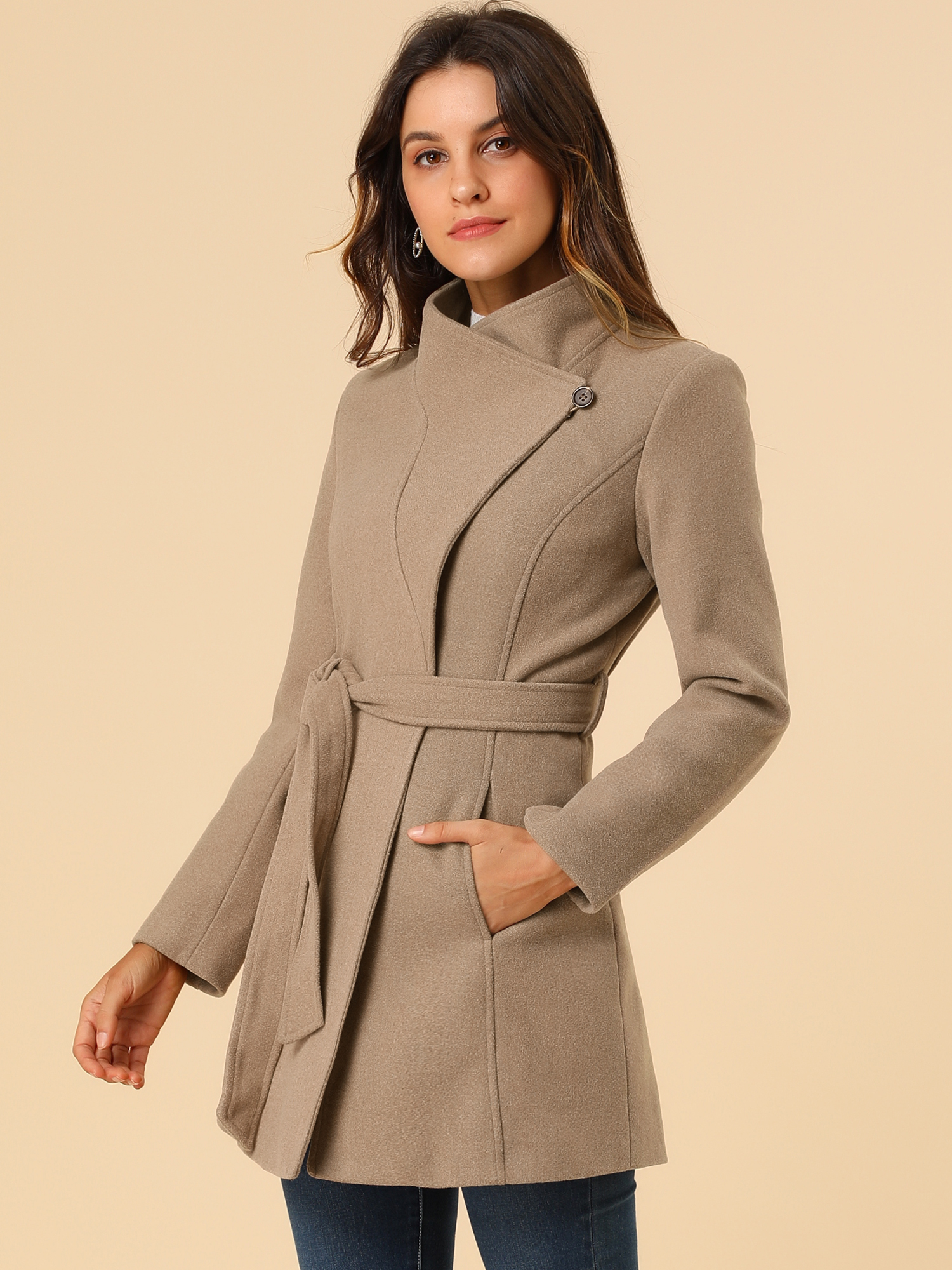 Classic Stand Collar Long Sleeve Belted Winter Coat Light Brown/S - Allegra K catalog