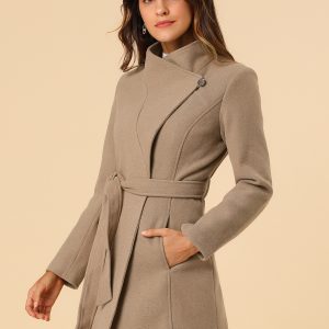 Classic Stand Collar Long Sleeve Belted Winter Coat Light Brown/XL - Allegra K catalog