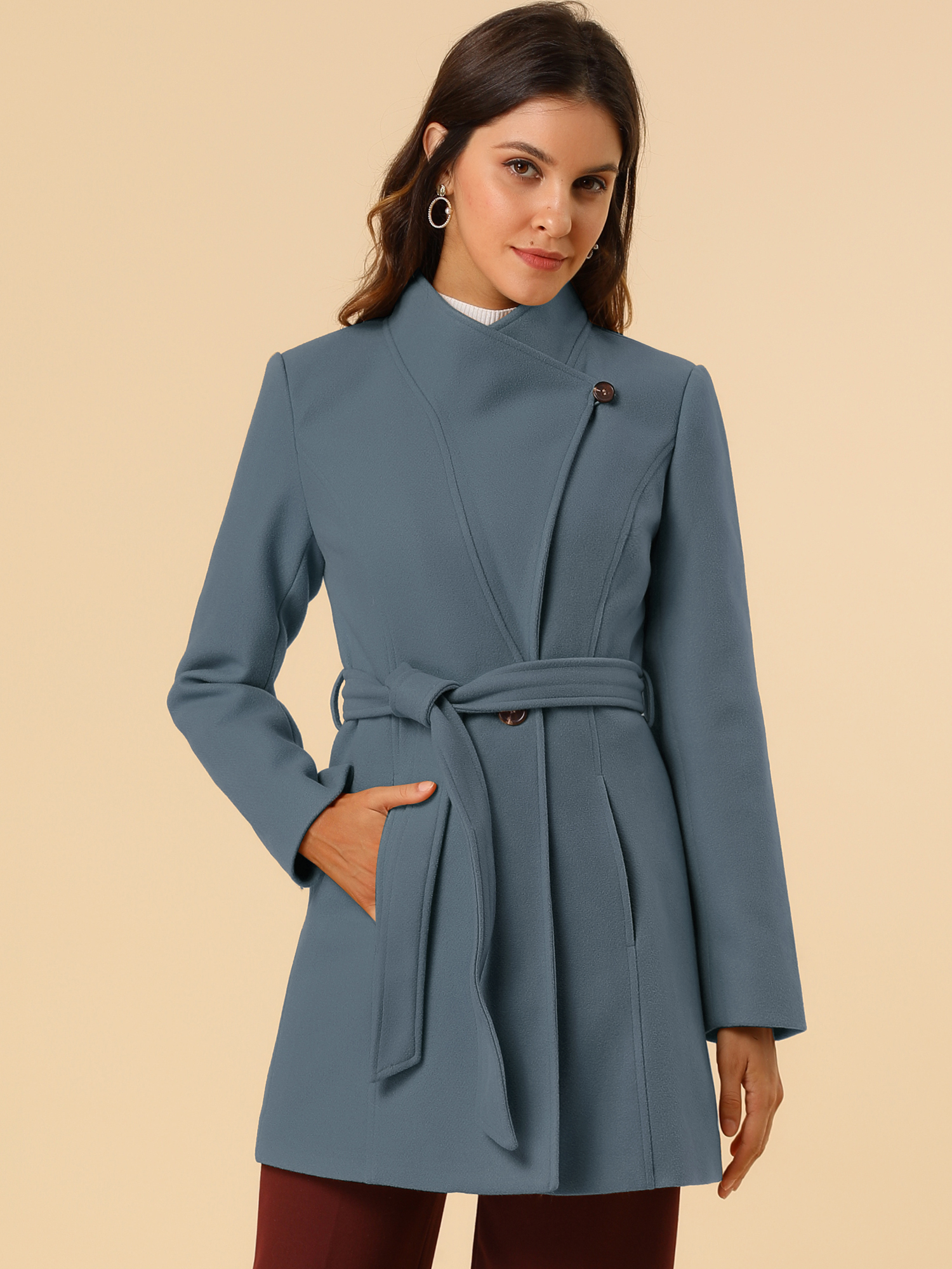 Classic Stand Collar Long Sleeve Winter Belted Coat Grey Blue/S - Allegra K catalog