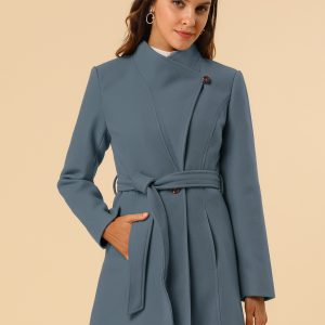 Classic Stand Collar Long Sleeve Winter Belted Coat Grey Blue/L - Allegra K catalog