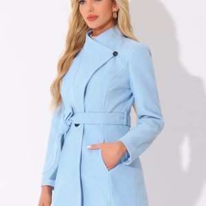 Classic Stand Collar Long Sleeve Belted Winter Coat Light Blue/S - Allegra K catalog