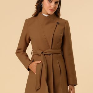 Classic Stand Collar Long Sleeve Winter Belted Coat Dark Brown/S - Allegra K catalog