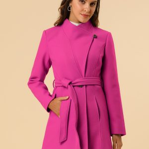 Classic Stand Collar Long Sleeve Winter Belted Coat Fuchsia/S - Allegra K catalog