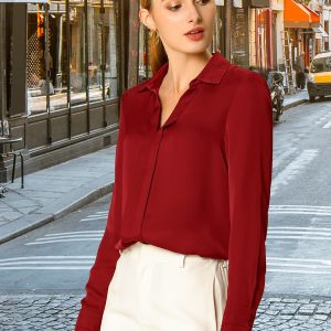 Satin V Neck Long Sleeve Silky Office Work Solid Shirt Red/L - Allegra K catalog
