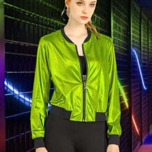 Holographic Shimmering Metallic Lightweight Bomber Jacket Fluorescent Green/M - Allegra K catalog
