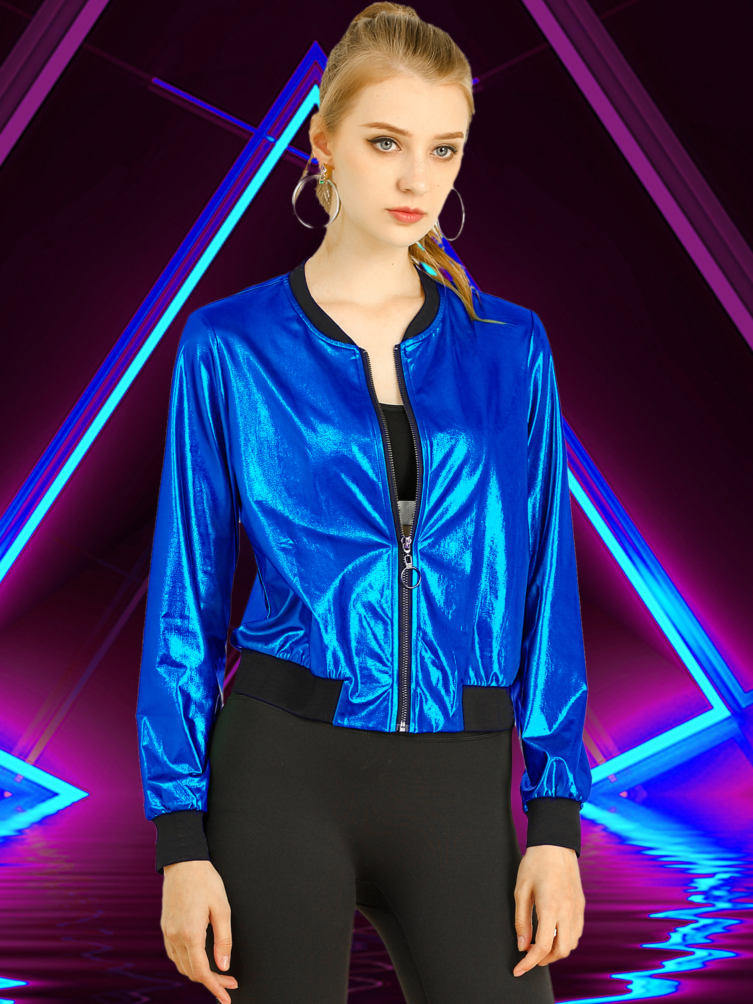 Holographic Shimmering Metallic Lightweight Bomber Jacket Blue/XL - Allegra K catalog